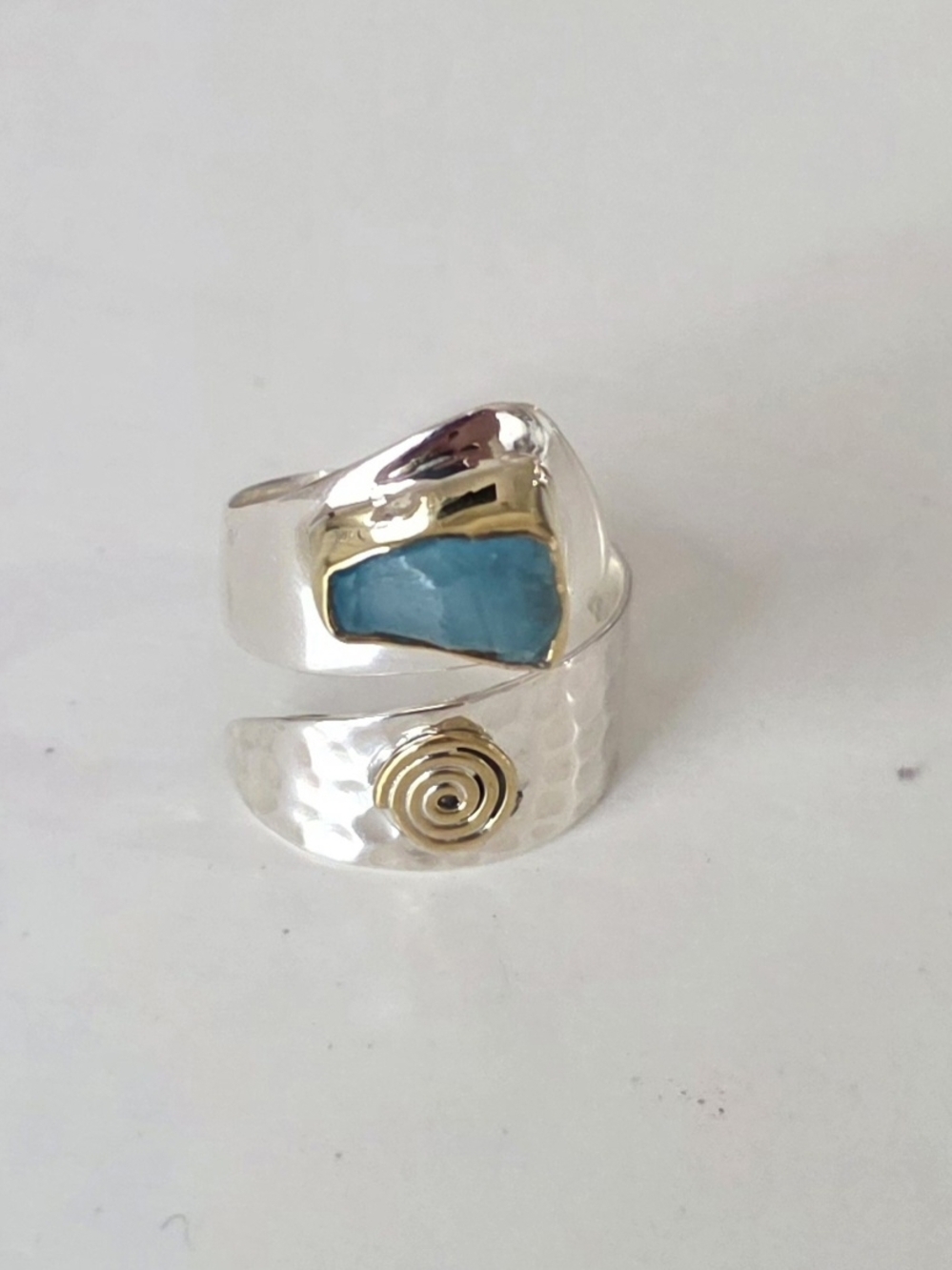 Sterling Silver 925 Blue Stone Wrap Ring with Gold Accents